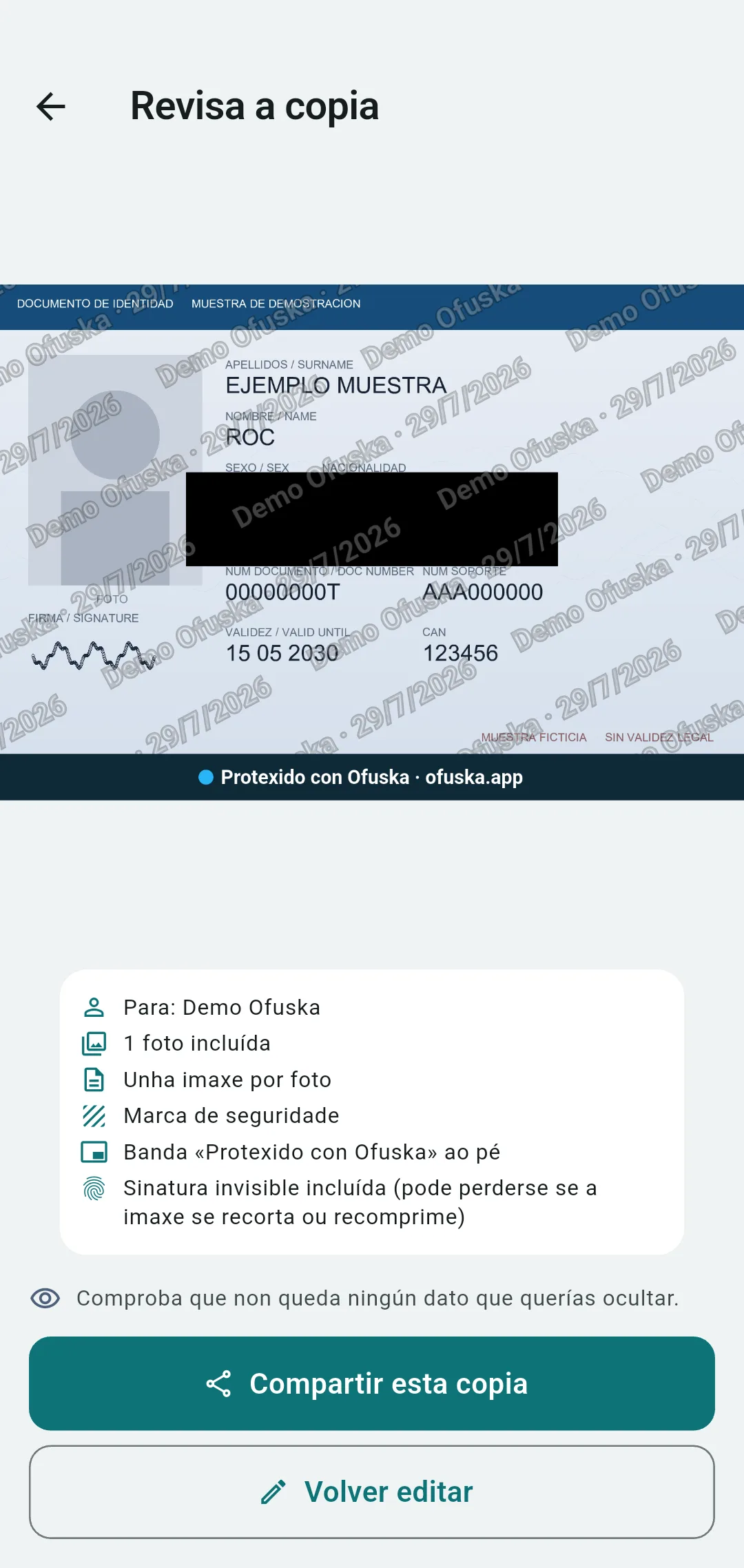 Copia de DNI ofuscada para un proceso de selección con marca da empresa
