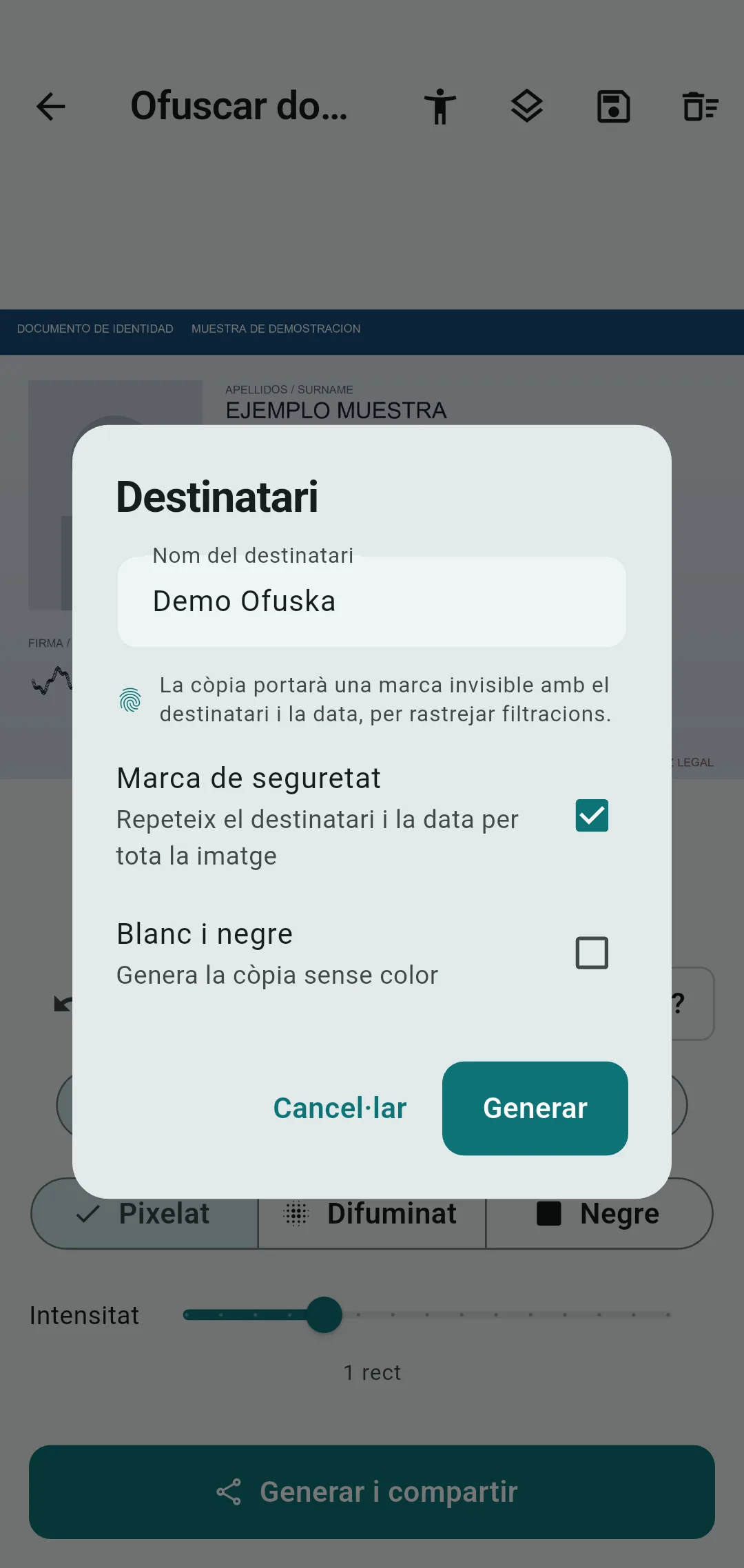 Còpia de DNI ofuscada amb mosaic de seguretat per a un hotel