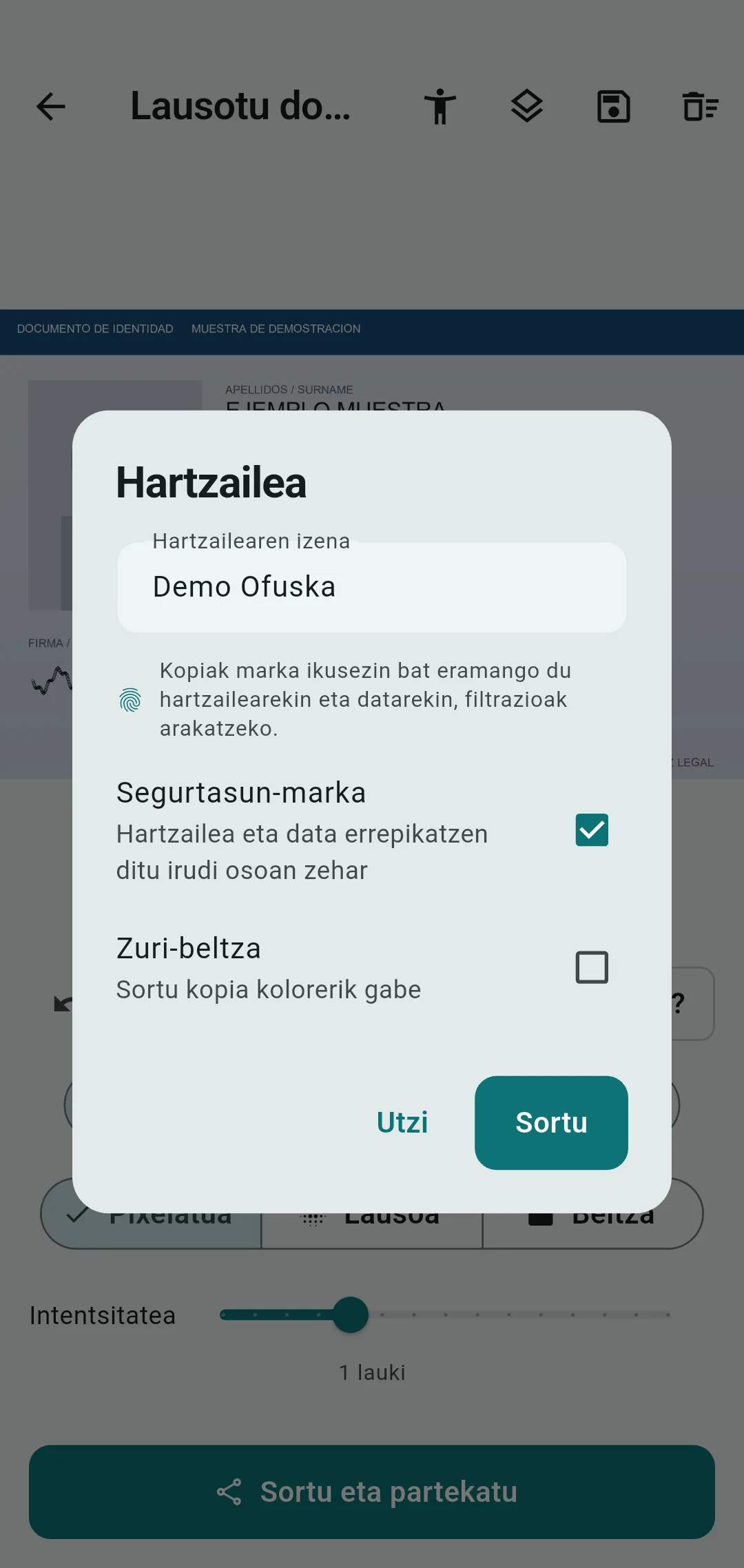DNIaren kopia lausotua, hotel baterako segurtasun-mosaikoarekin