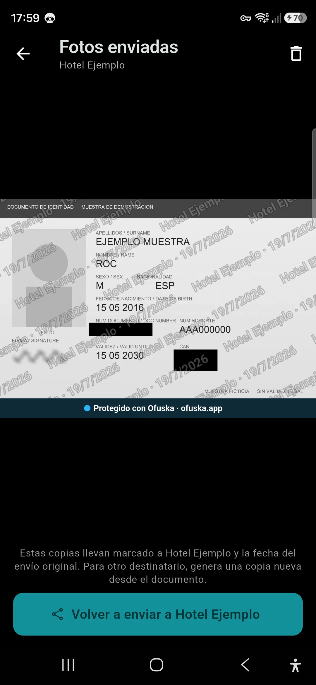 Copia de DNI ofuscada para un proceso de selección con marca de la empresa