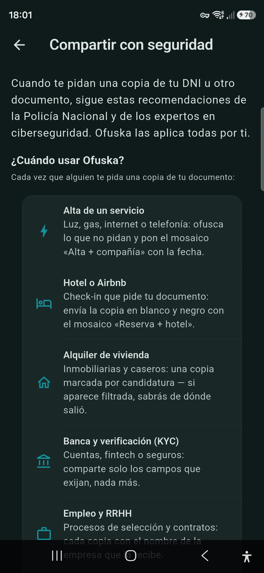 Pantalla de consejos de seguridad de Ofuska con los casos de uso más habituales