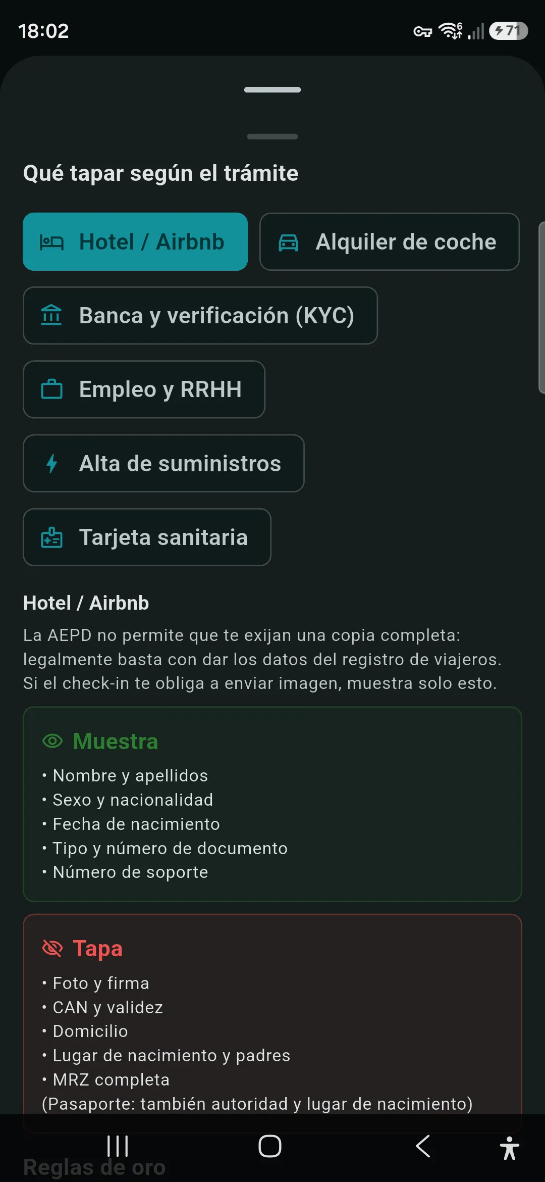 Guía «¿Qué tapo?» de Ofuska con el trámite Hotel seleccionado y las listas de qué mostrar y qué tapar