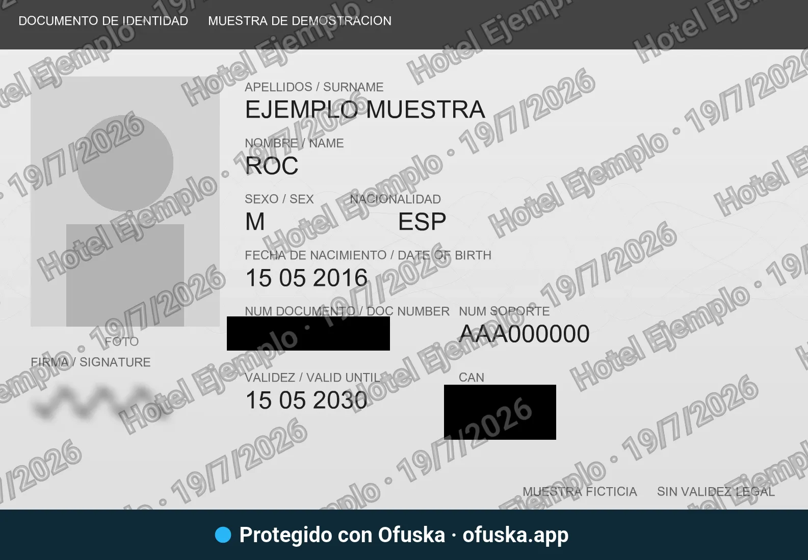 Dokumentu bera zenbakia eta CANa beltzez estalita, sinadura lausotuta, hartzailea eta data dituen mosaikoa, eta Ofuskaren banda behean